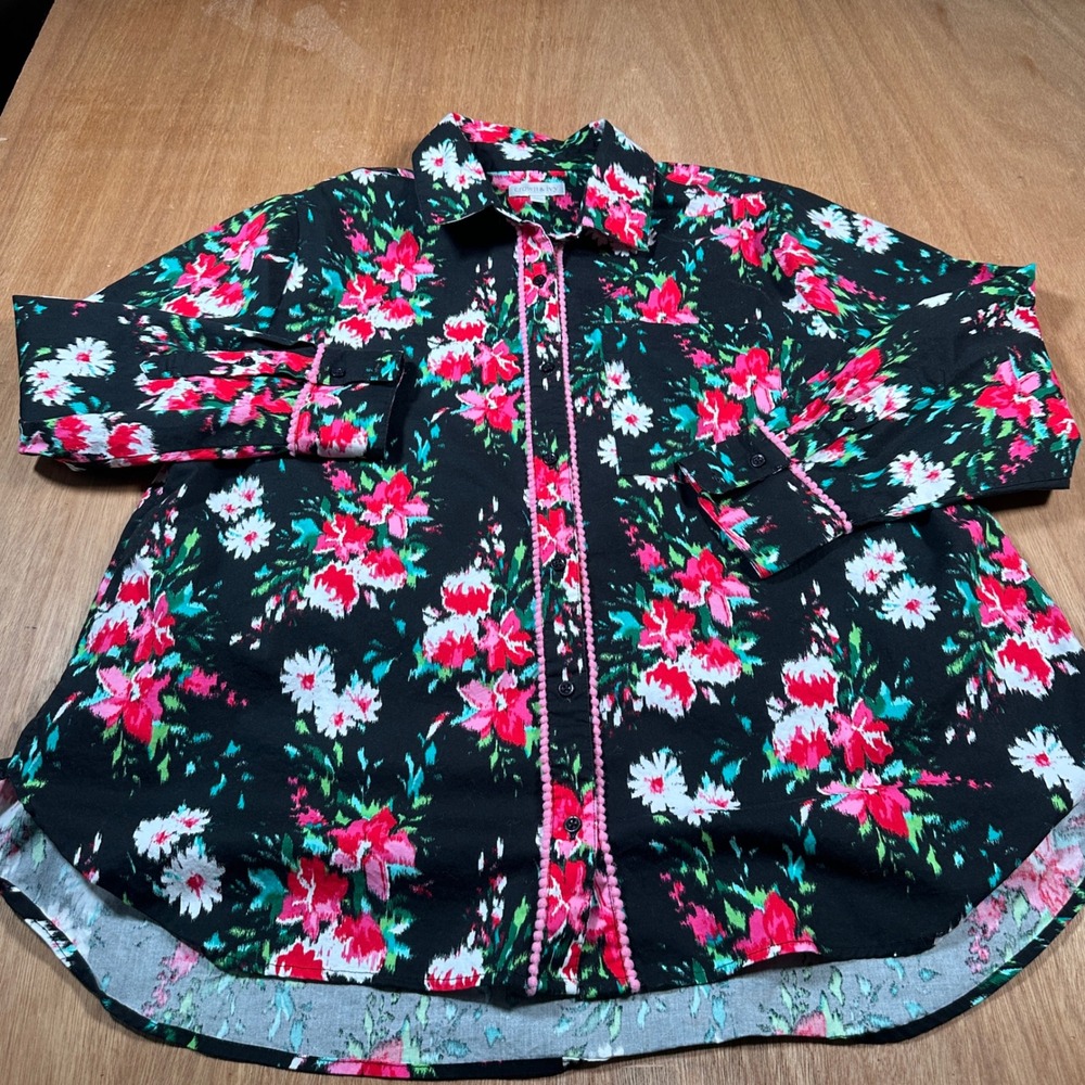 Crown & Ivy Button Down Women Large Black Floral Ikat Pom Pom Trim Long Sleeve